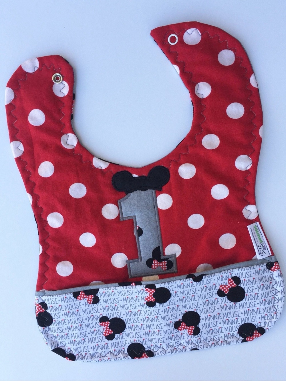 Red Polka Dot Baby’s First Birthday Bib with Minnie Character Appliqué